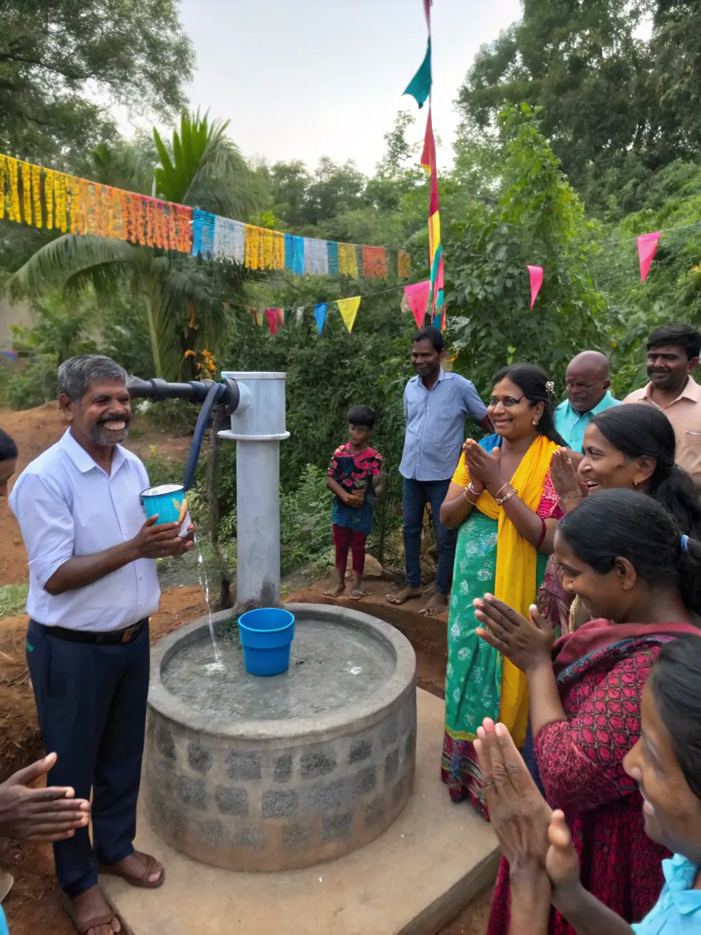 A vibrant photo of a community in rural Africa celebrating the installation of a new water well, showcasing the immediate positive impact of clean water initiatives.