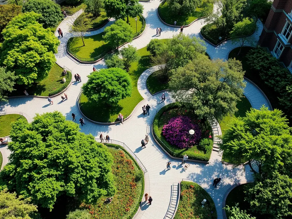 An aerial view of a newly developed urban park in New York City, filled with trees, walking paths, and community gardens, illustrating the positive impact of green spaces on urban living.