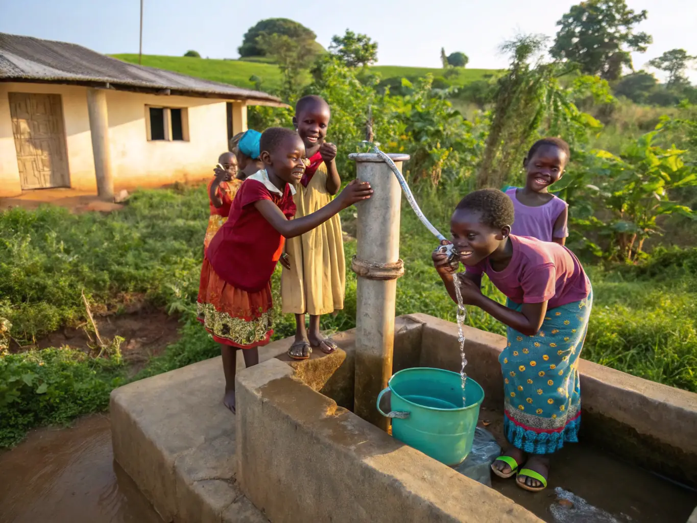 A vibrant image depicting a community benefiting from a clean water project in a rural African village, showcasing children happily drinking clean water and villagers working together to maintain the water source.