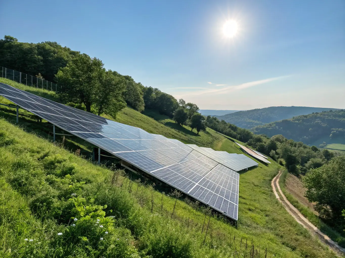 A visually striking image of a vast solar panel array in a Southeast Asian country, set against a backdrop of lush greenery and mountains, symbolizing renewable energy and environmental sustainability.