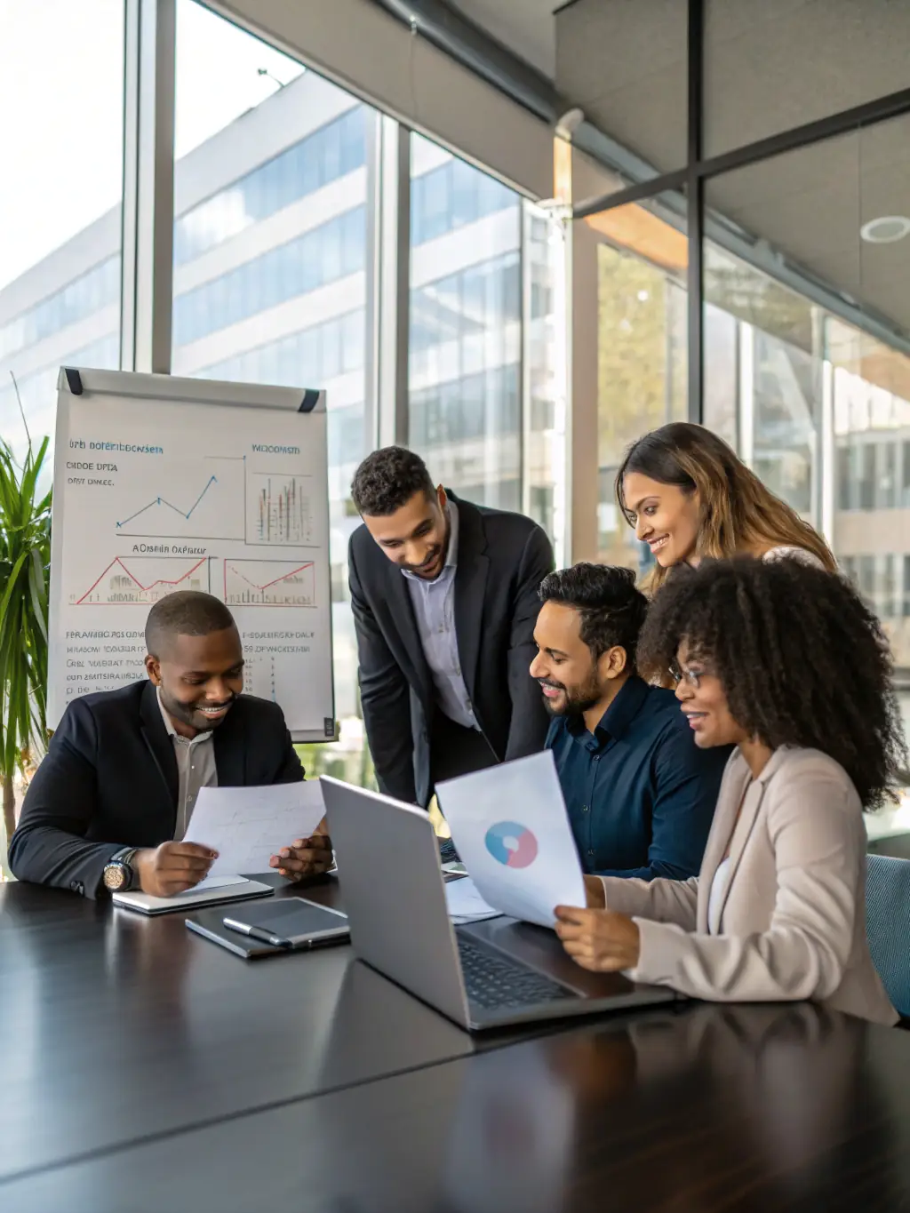 A diverse group of professionals collaborating around a table, reviewing financial documents and discussing project strategies, symbolizing the collaborative spirit and expertise brought to partnerships with PCC Global Foundation.